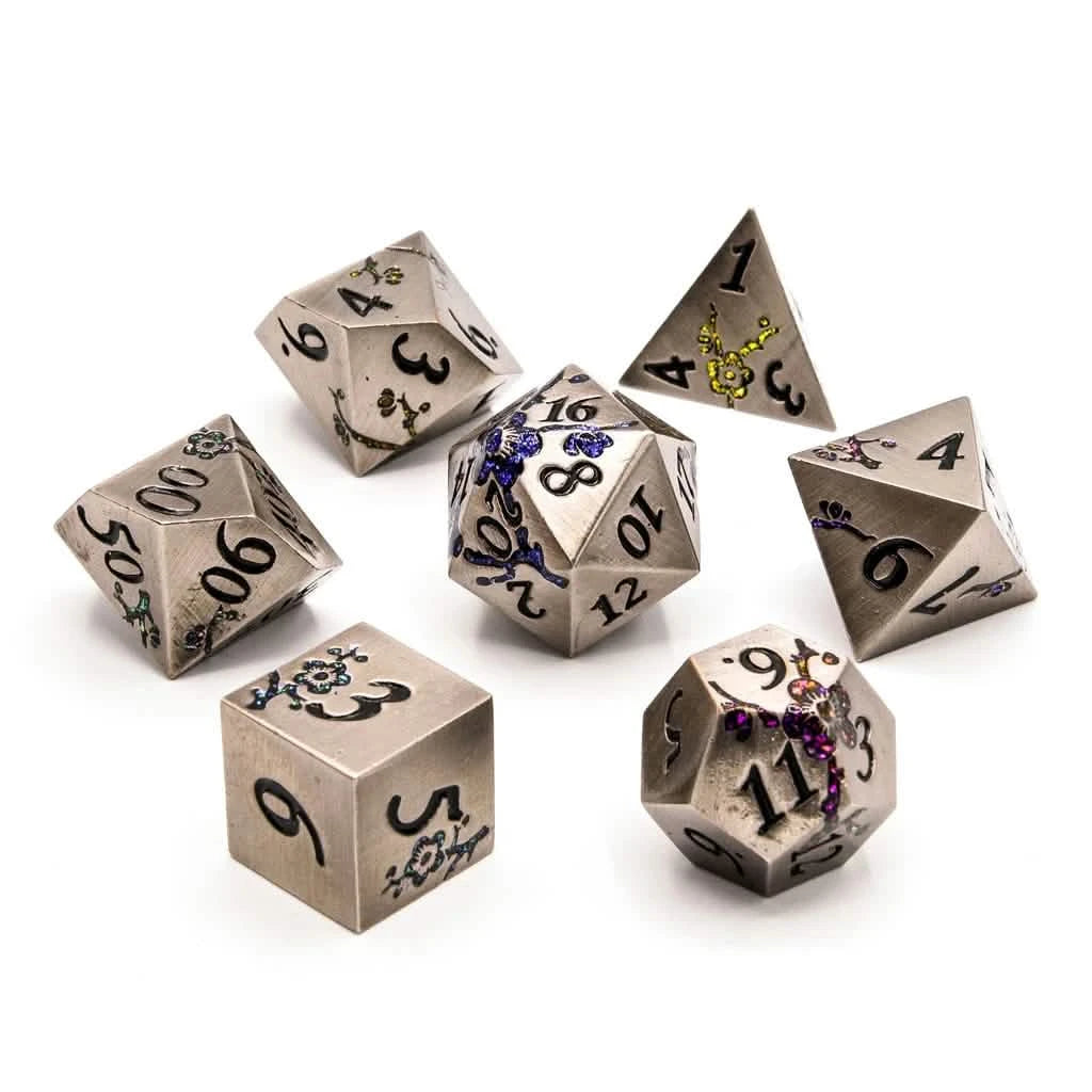 Iron Blossom – lifestyle shot – metal DnD dice set