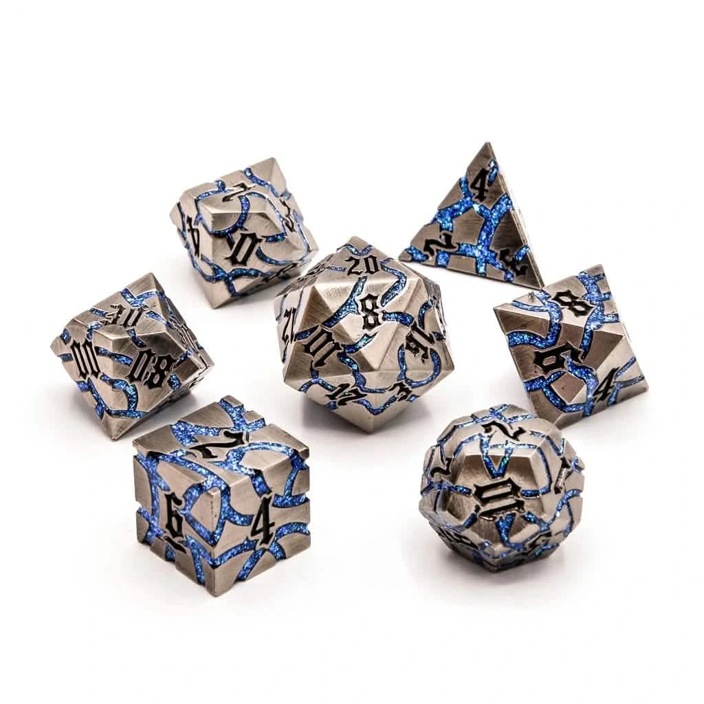 Frostmourne Steel – lifestyle shot – metal DnD dice set