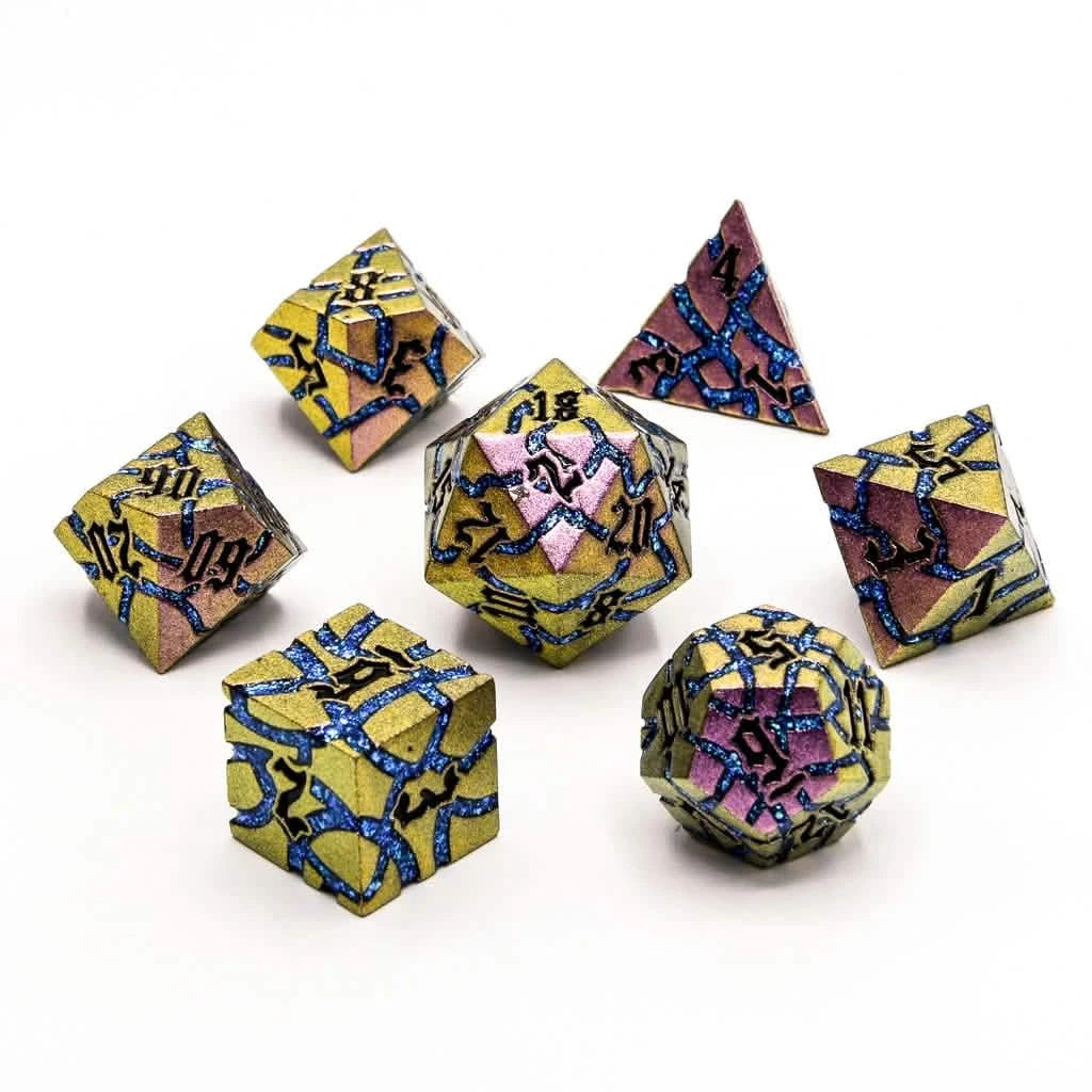 Mystic Steel – lifestyle shot – metal DnD dice set