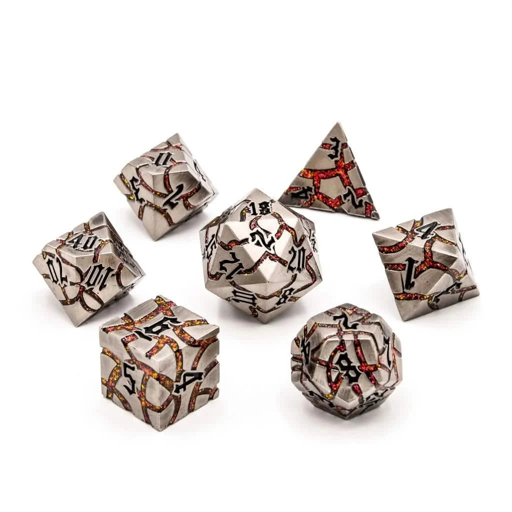 Infernal Steel – lifestyle shot – metal DnD dice set