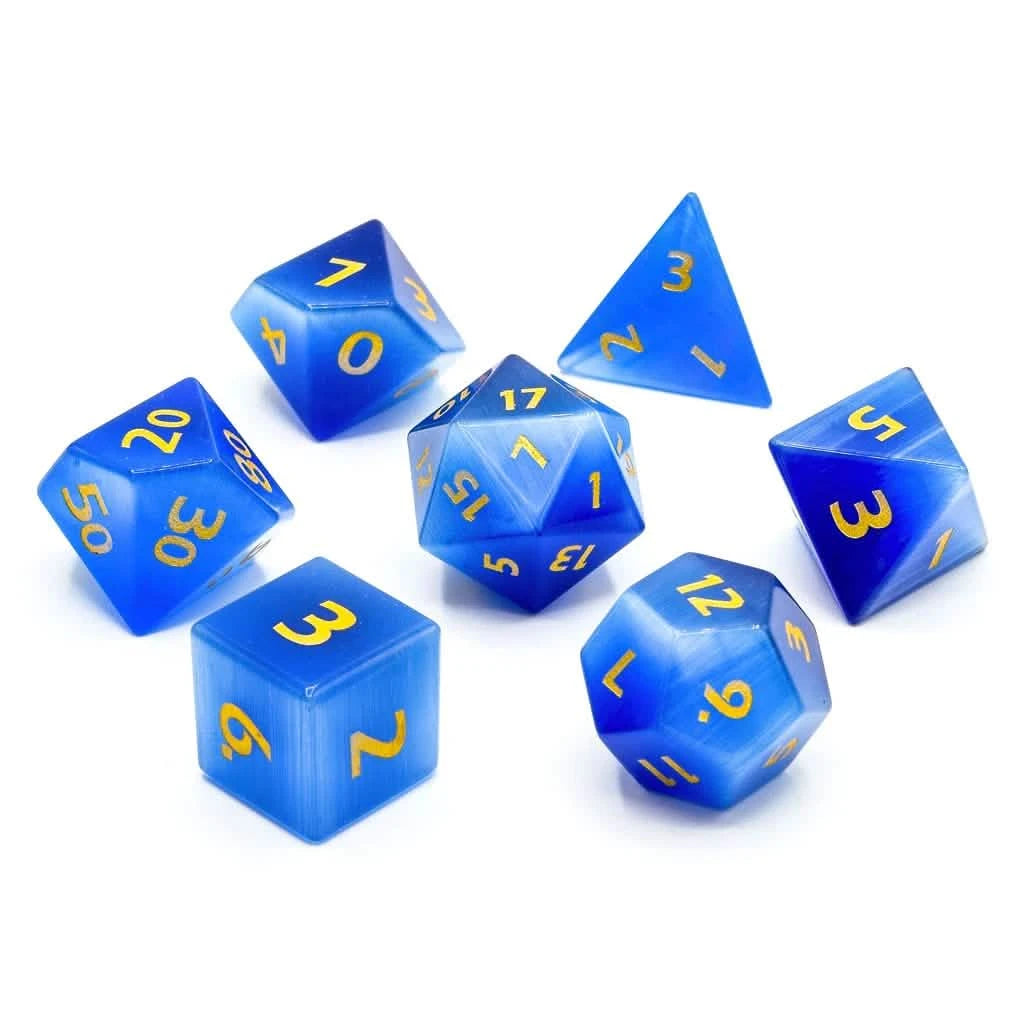 Blue Cats Eye – lifestyle shot – gemstone DnD dice set