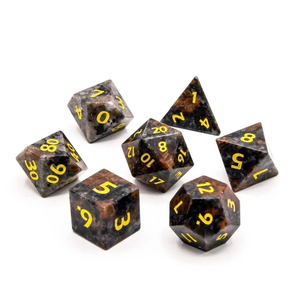 Yooperlite – product detail – gemstone DnD dice set