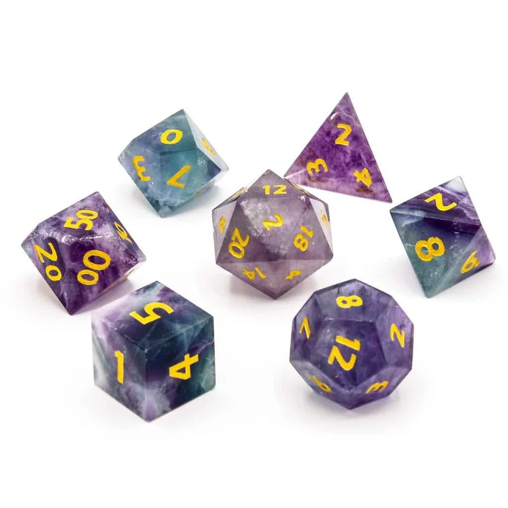 Rainbow Fluorite – lifestyle shot – gemstone DnD dice set