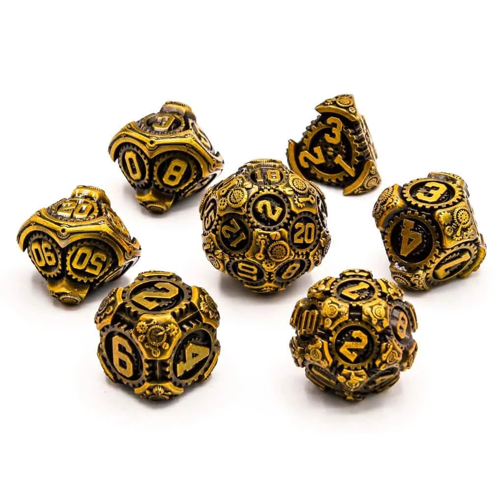 Gilded Machinations – lifestyle shot – metal DnD dice set