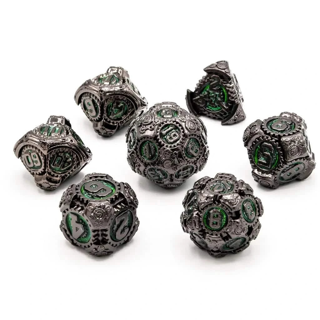 Nocturnal Contraptions – lifestyle shot – metal DnD dice set