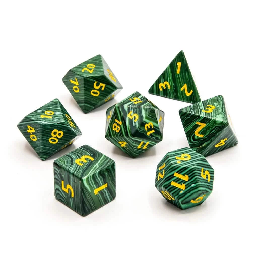 Malachite – lifestyle shot – gemstone DnD dice set