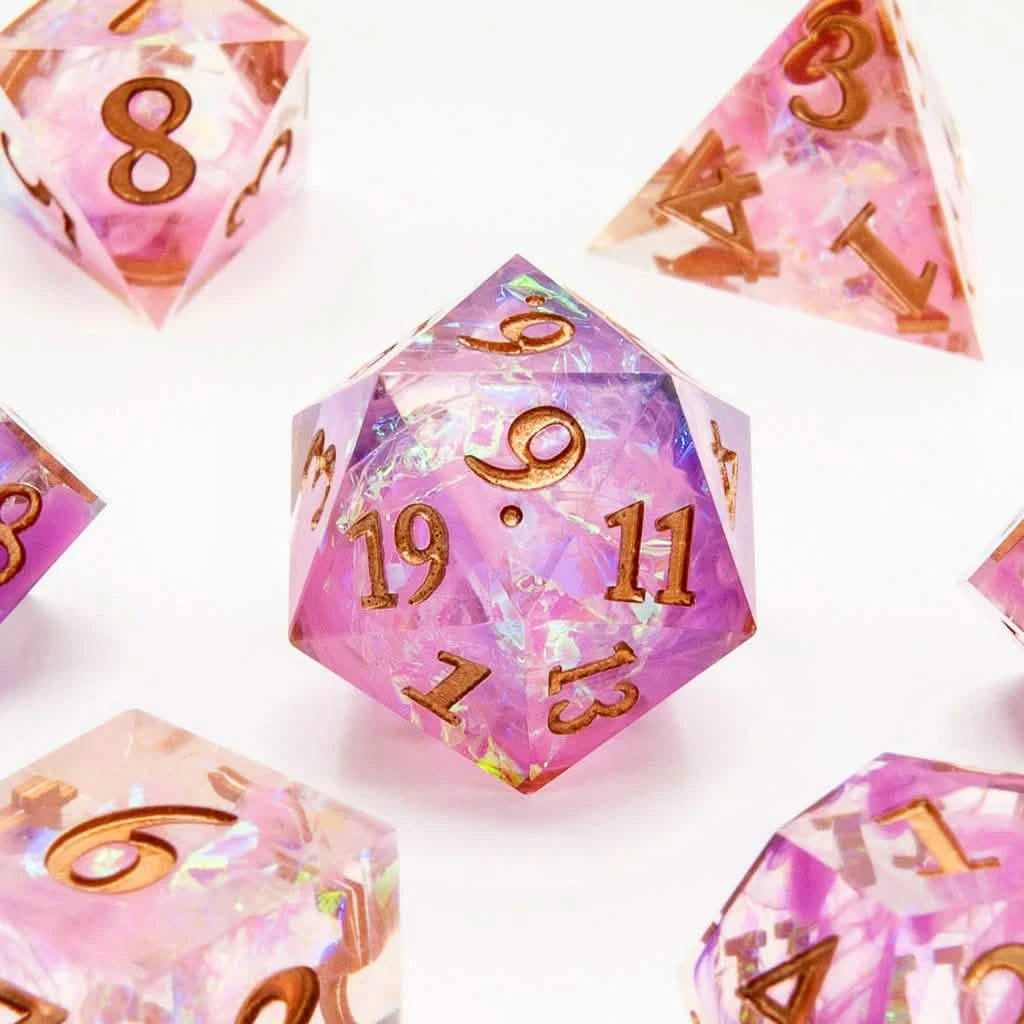 Fae Shimmer – close-up view – sharp edge resin DnD dice set