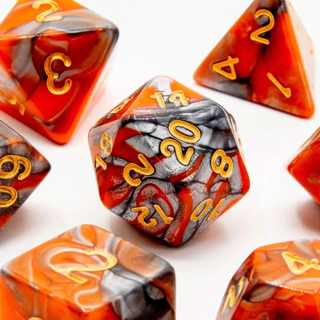 Molten Eclipse - Acrylic DND Dice Set - 7 Piece Polyhedral – close-up view – acrylic DnD dice set