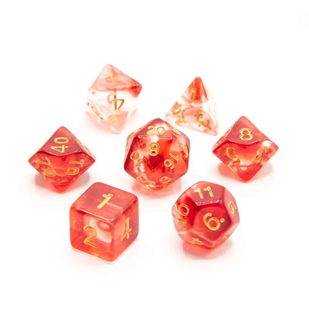 Phoenix Flame - Acrylic DND Dice Set - 7 Piece Polyhedral – lifestyle shot – acrylic DnD dice set