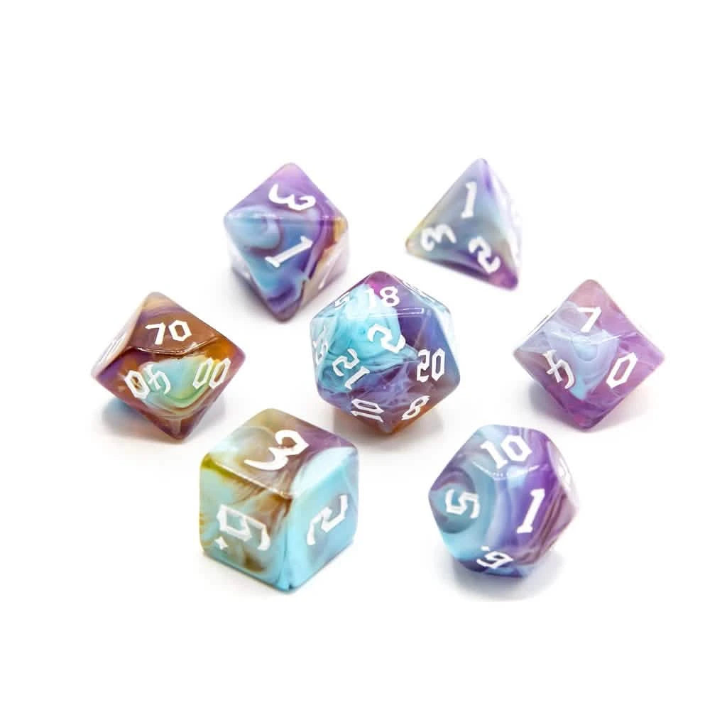 Mystic Earth – lifestyle shot – acrylic DnD dice set