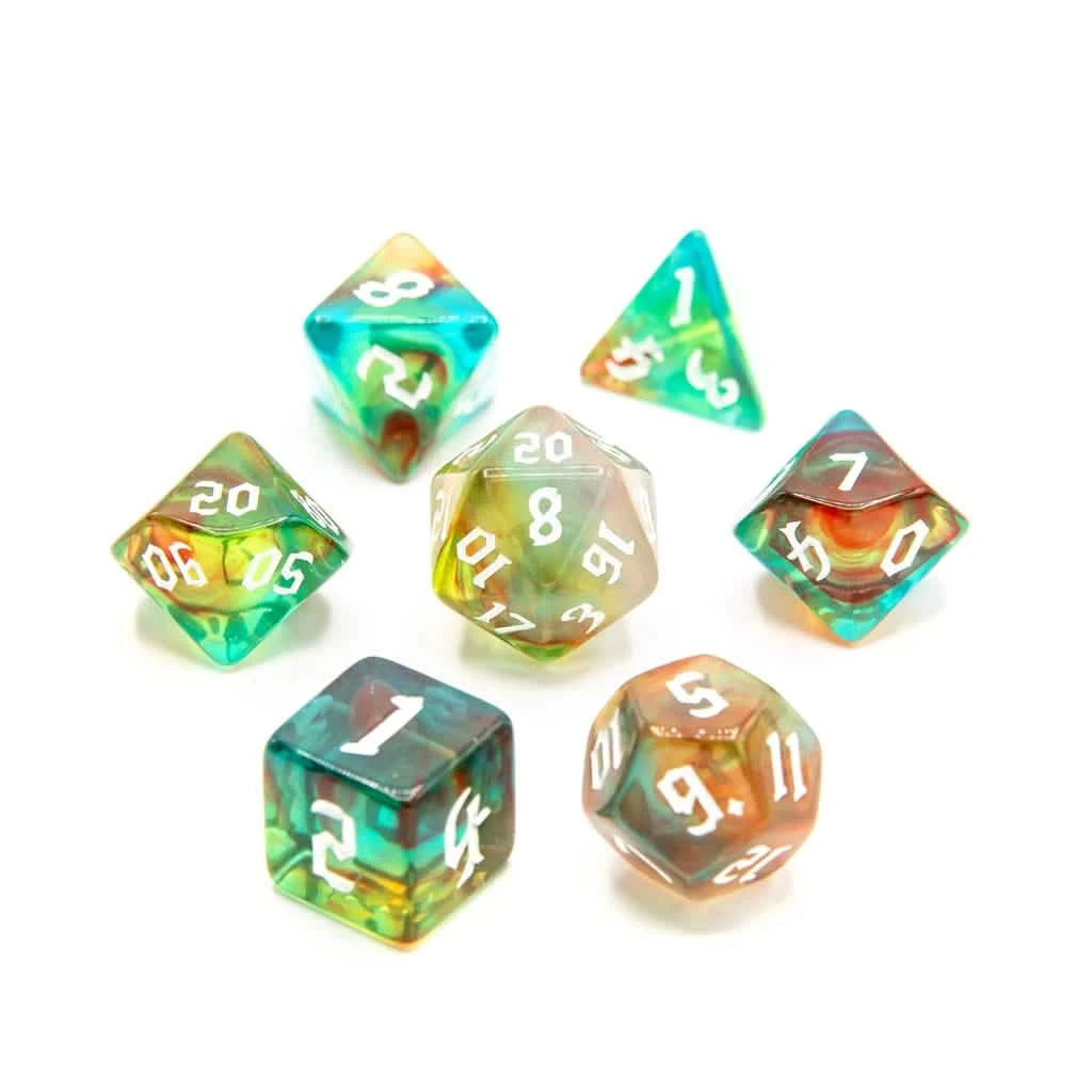 Amber Grove – lifestyle shot – acrylic DnD dice set