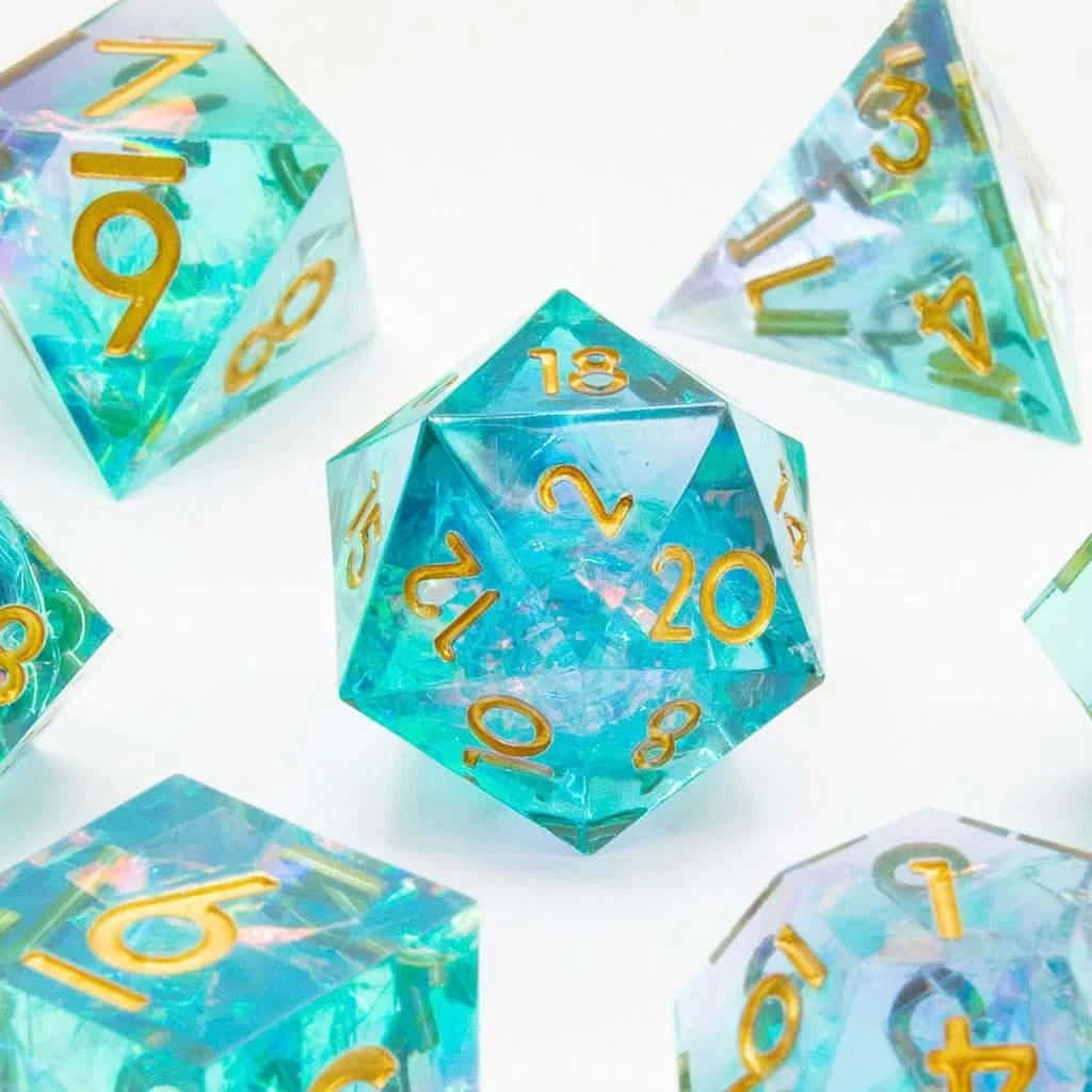 Jelly Twinkle – close-up view – sharp edge resin DnD dice set