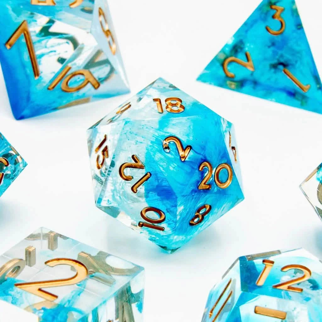 Icebound Fury – close-up view – sharp edge resin DnD dice set