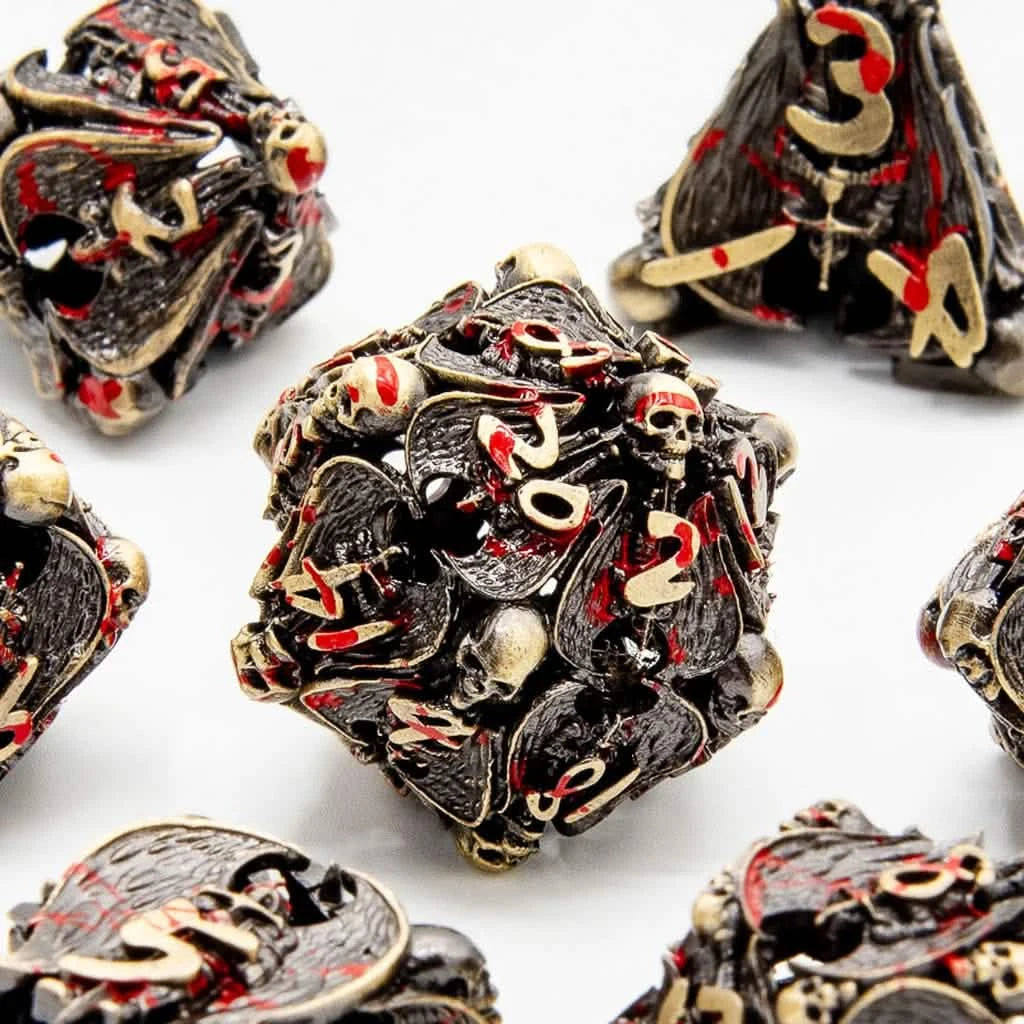 Hellforged Relics – close-up view – metal DnD dice set