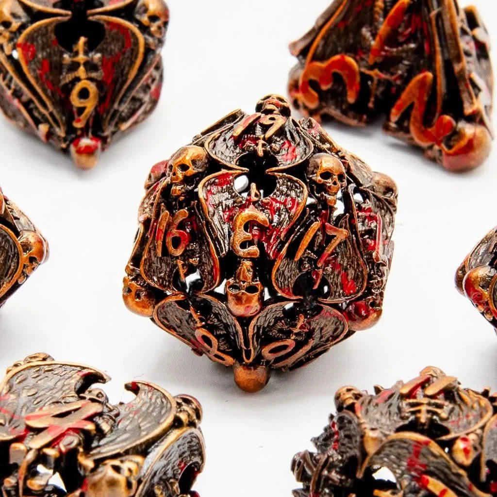 Necromancer's Gambit – close-up view – metal DnD dice set