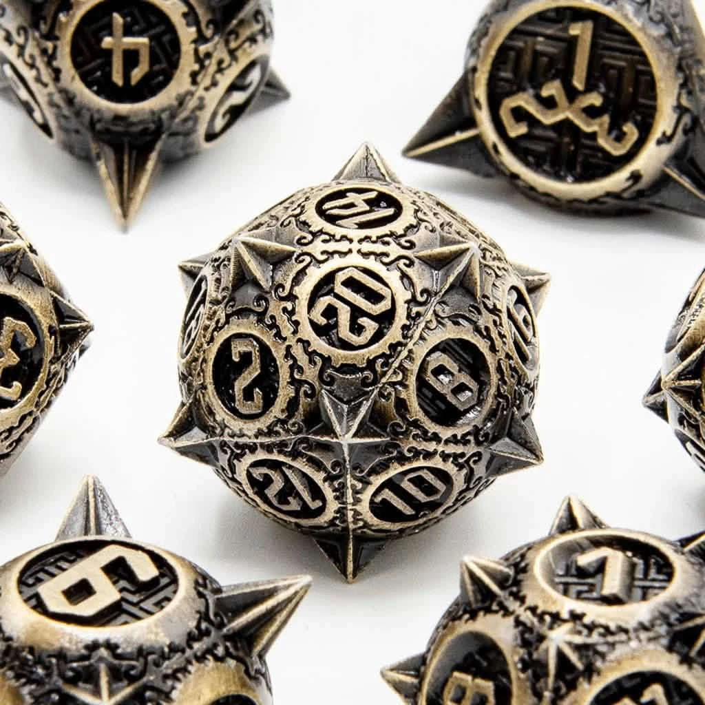 Ancient Mace – close-up view – metal DnD dice set