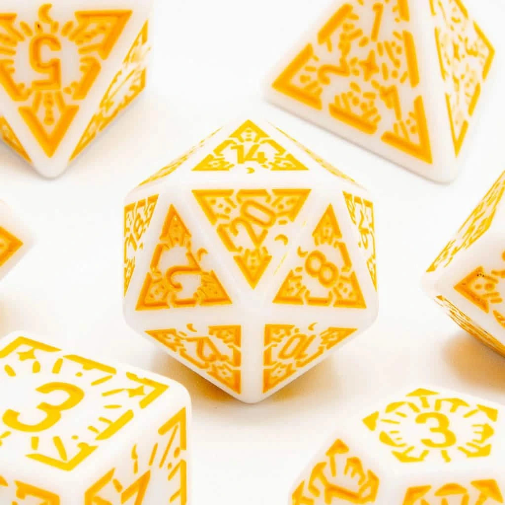 Arcane Dawn – close-up view – acrylic DnD dice set