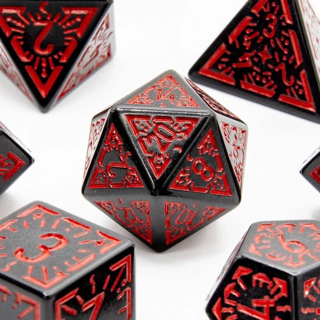 Bloodfire Ray - Acrylic DND Dice Set - 7 Piece Polyhedral – close-up view – acrylic DnD dice set
