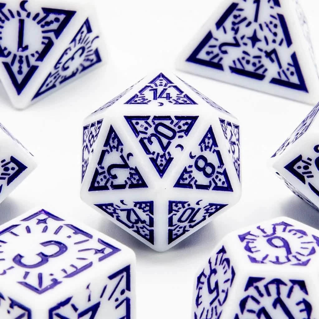 Arcane Twilight - Acrylic DND Dice Set - 7 Piece Polyhedral – close-up view – acrylic DnD dice set