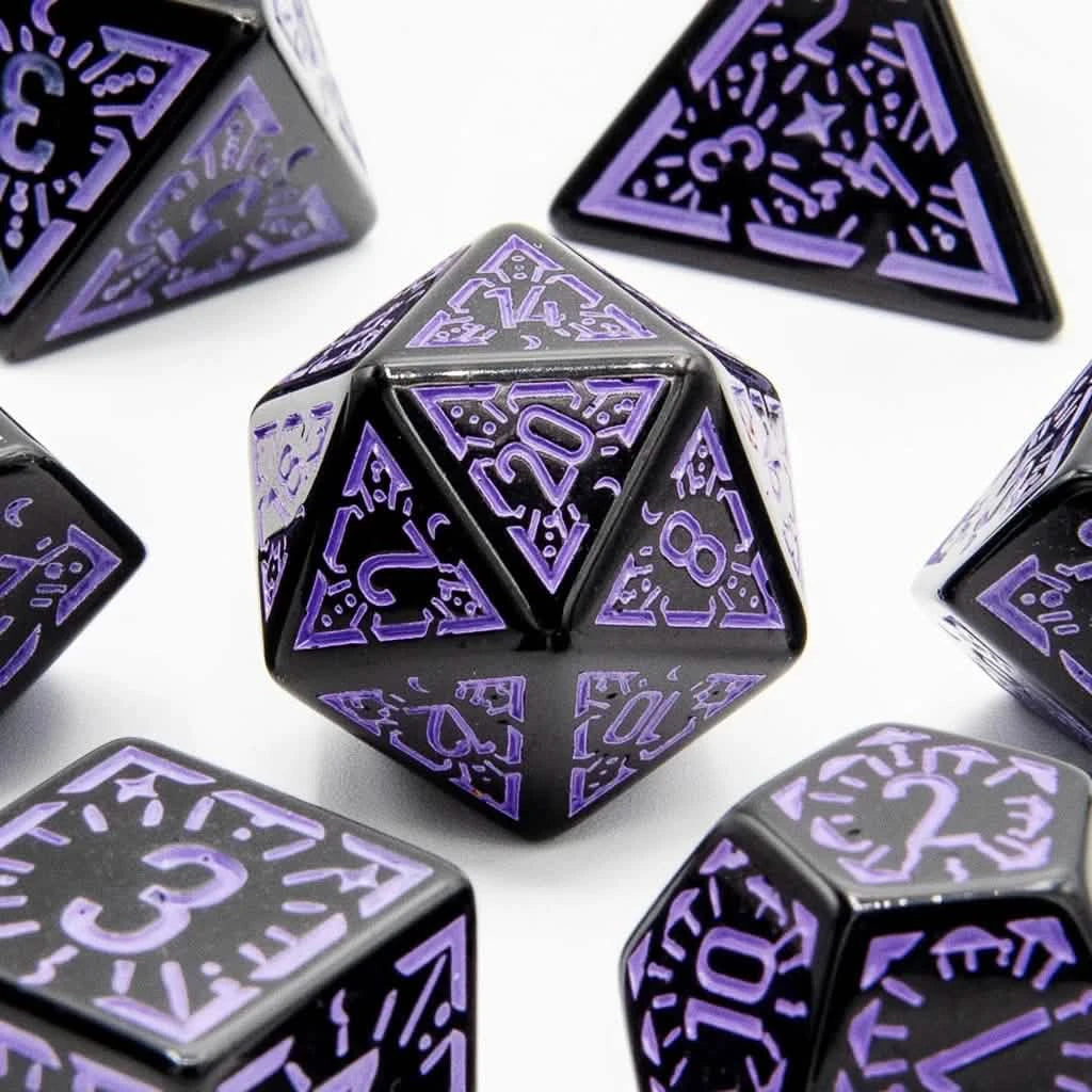 Violet Ray – close-up view – acrylic DnD dice set