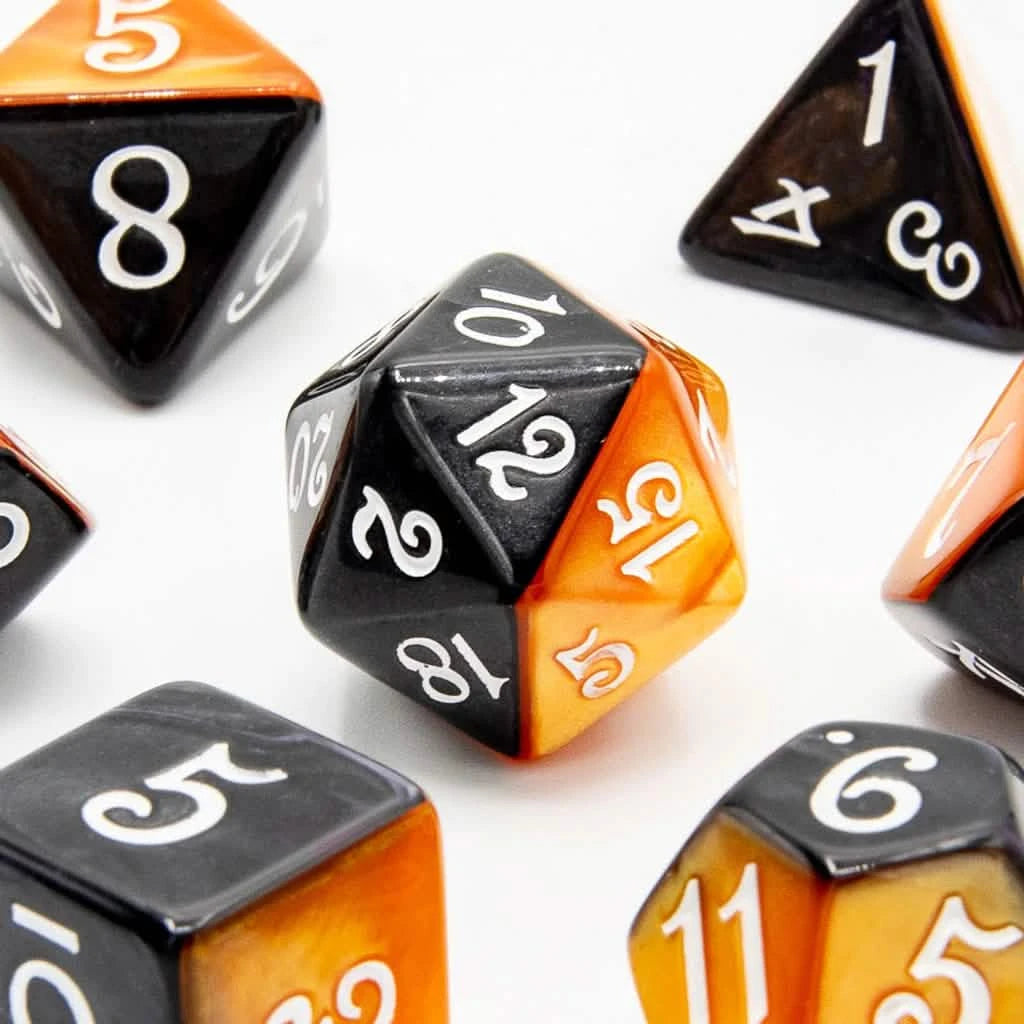 Shadowflare – close-up view – acrylic DnD dice set