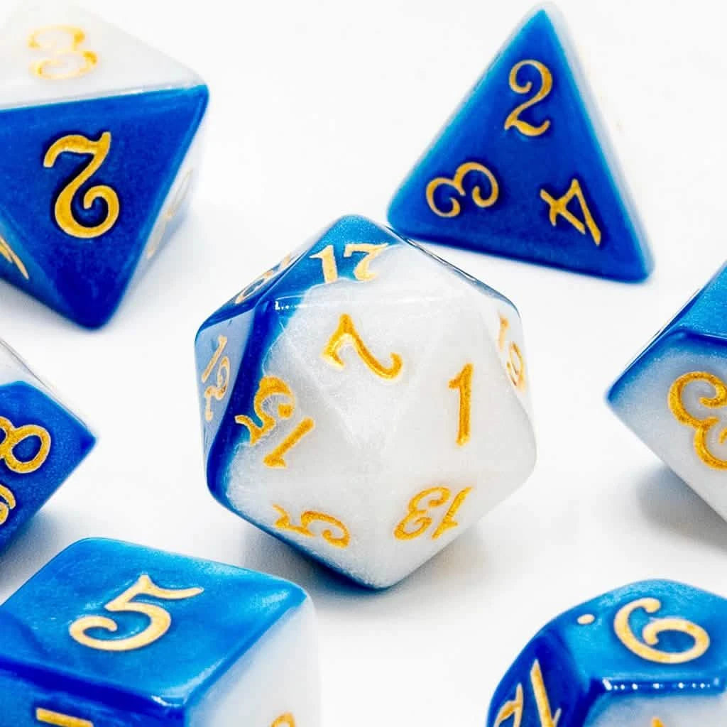 Frosted Azure - Acrylic DND Dice Set - 7 Piece Polyhedral – close-up view – acrylic DnD dice set