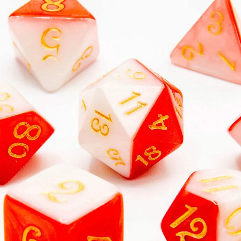 Scarlet Frost - Acrylic DND Dice Set - 7 Piece Polyhedral – close-up view – acrylic DnD dice set