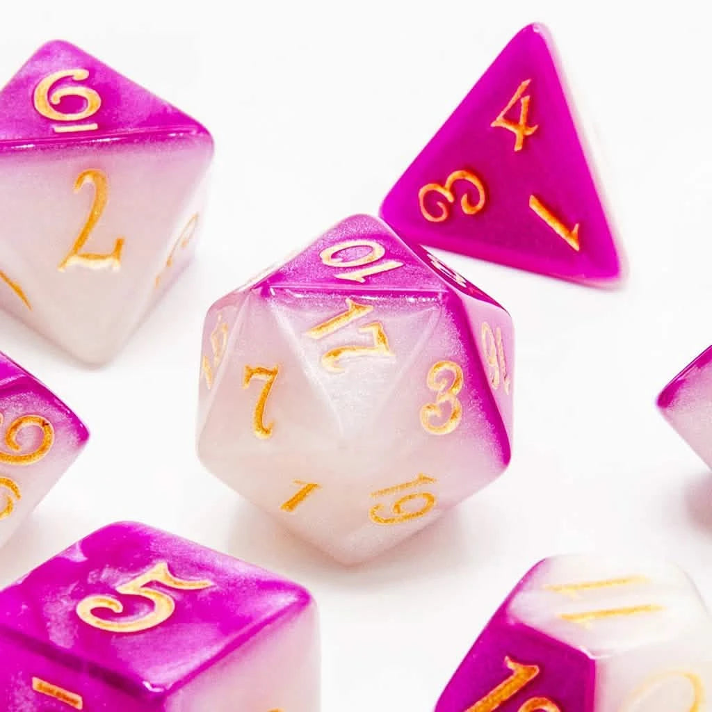 Lunar Amethyst – close-up view – acrylic DnD dice set