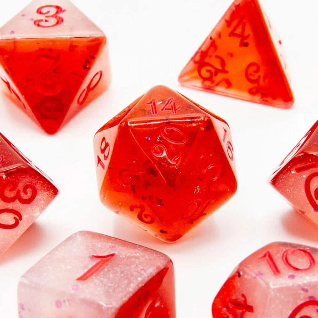 Blood Crystal – close-up view – acrylic DnD dice set