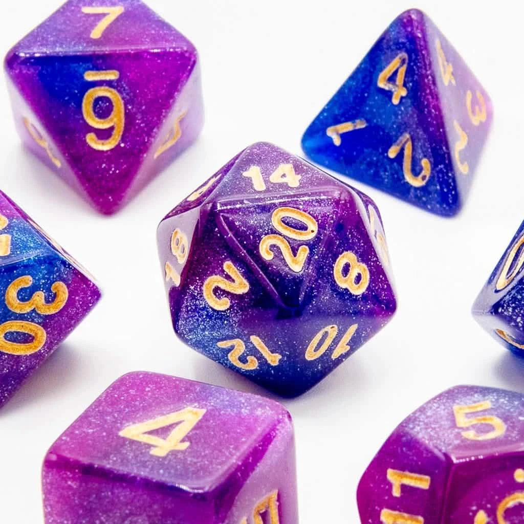 Stellar Twilight – close-up view – acrylic DnD dice set