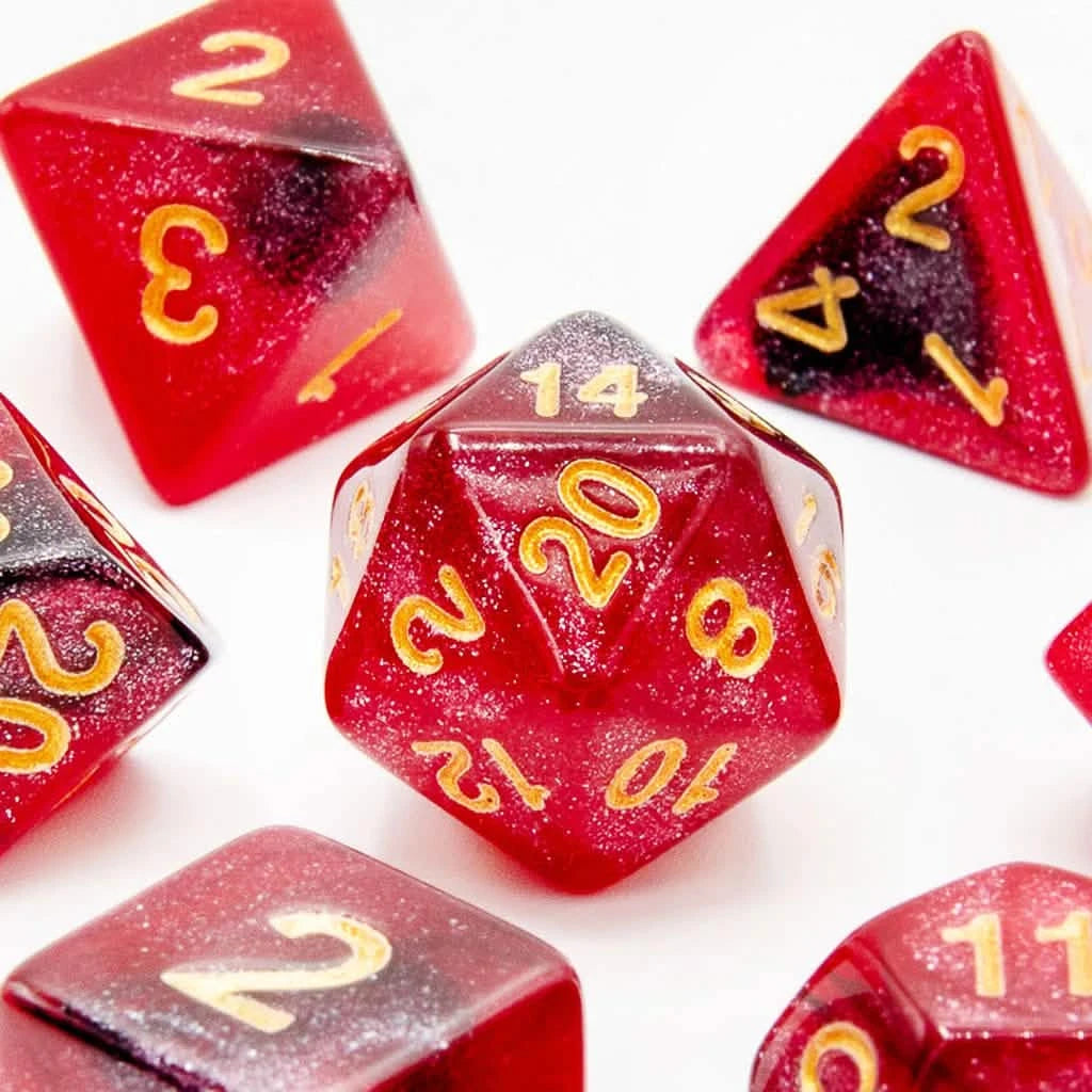 Crimson Stardust – close-up view – acrylic DnD dice set