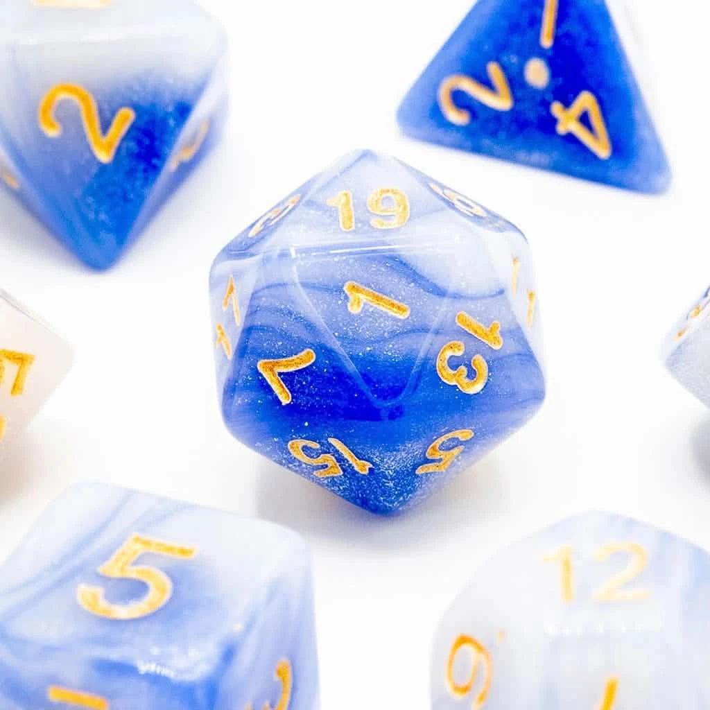 Frosted Sky – close-up view – acrylic DnD dice set