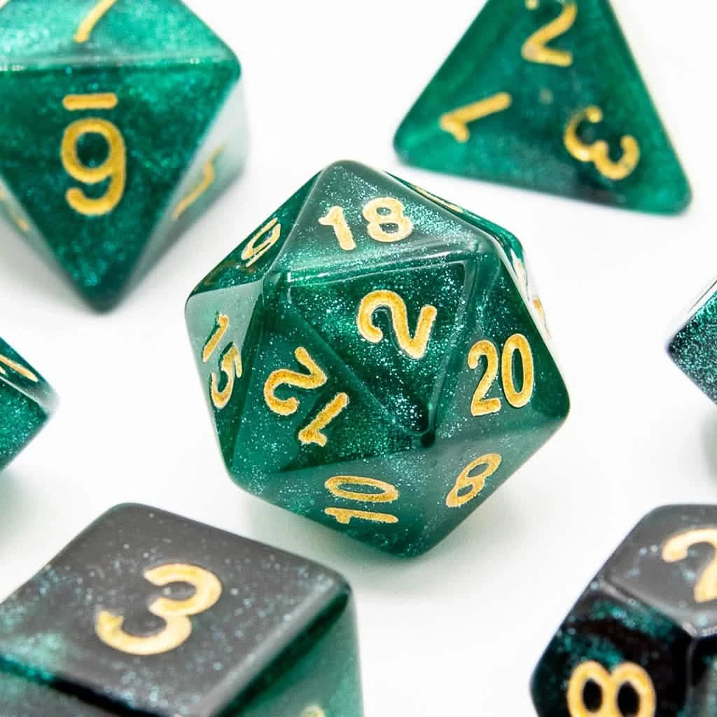 Emerald Night – close-up view – acrylic DnD dice set