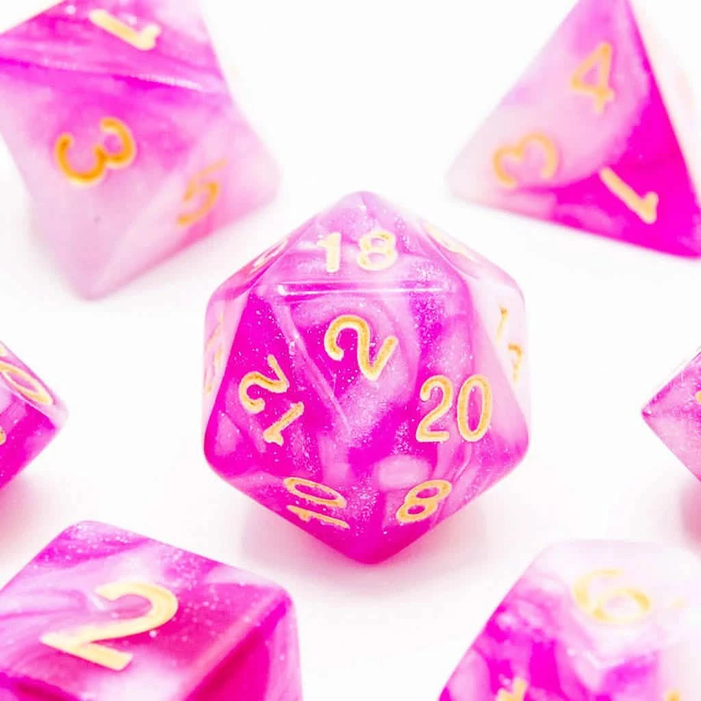 Mallow Sparkle – close-up view – acrylic DnD dice set