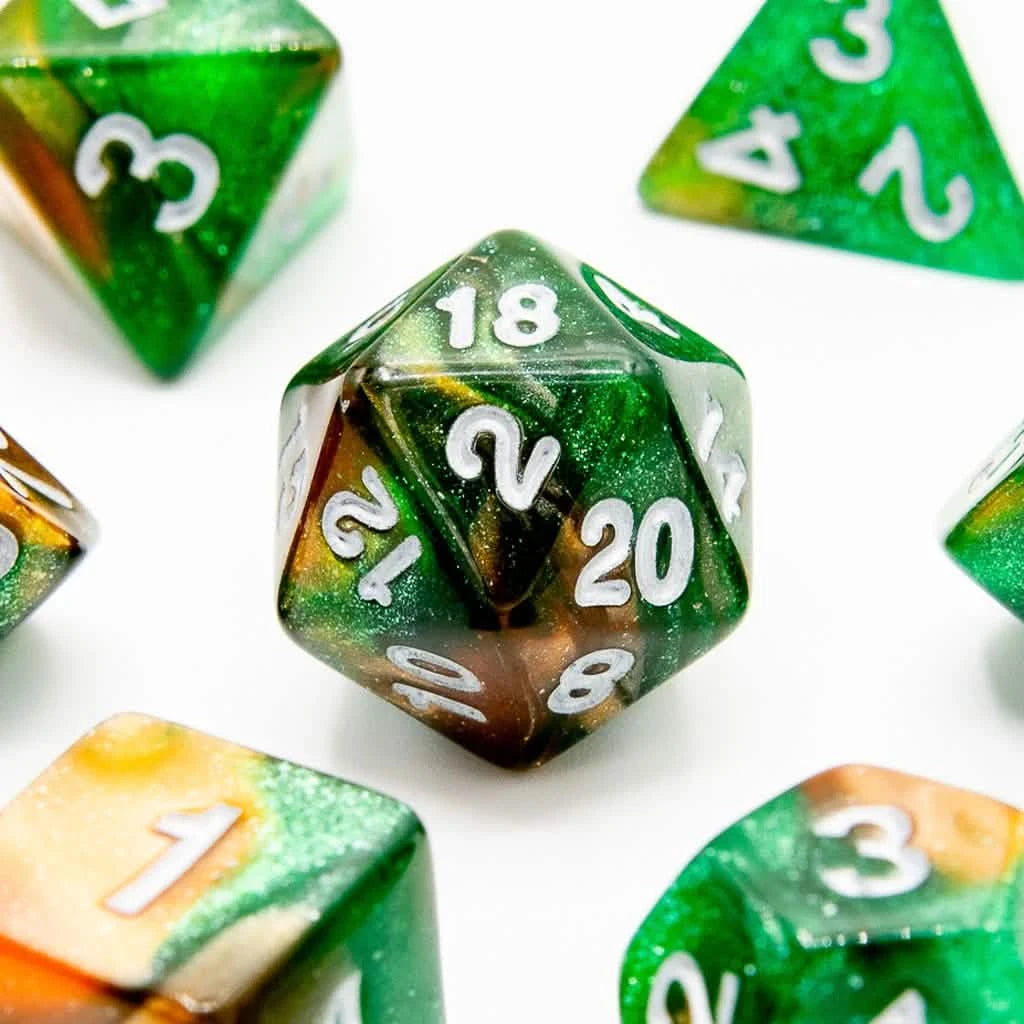 Mango Mint Spark – close-up view – acrylic DnD dice set