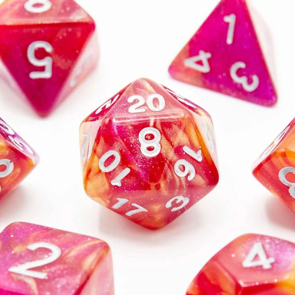 Sunset Candy – close-up view – acrylic DnD dice set