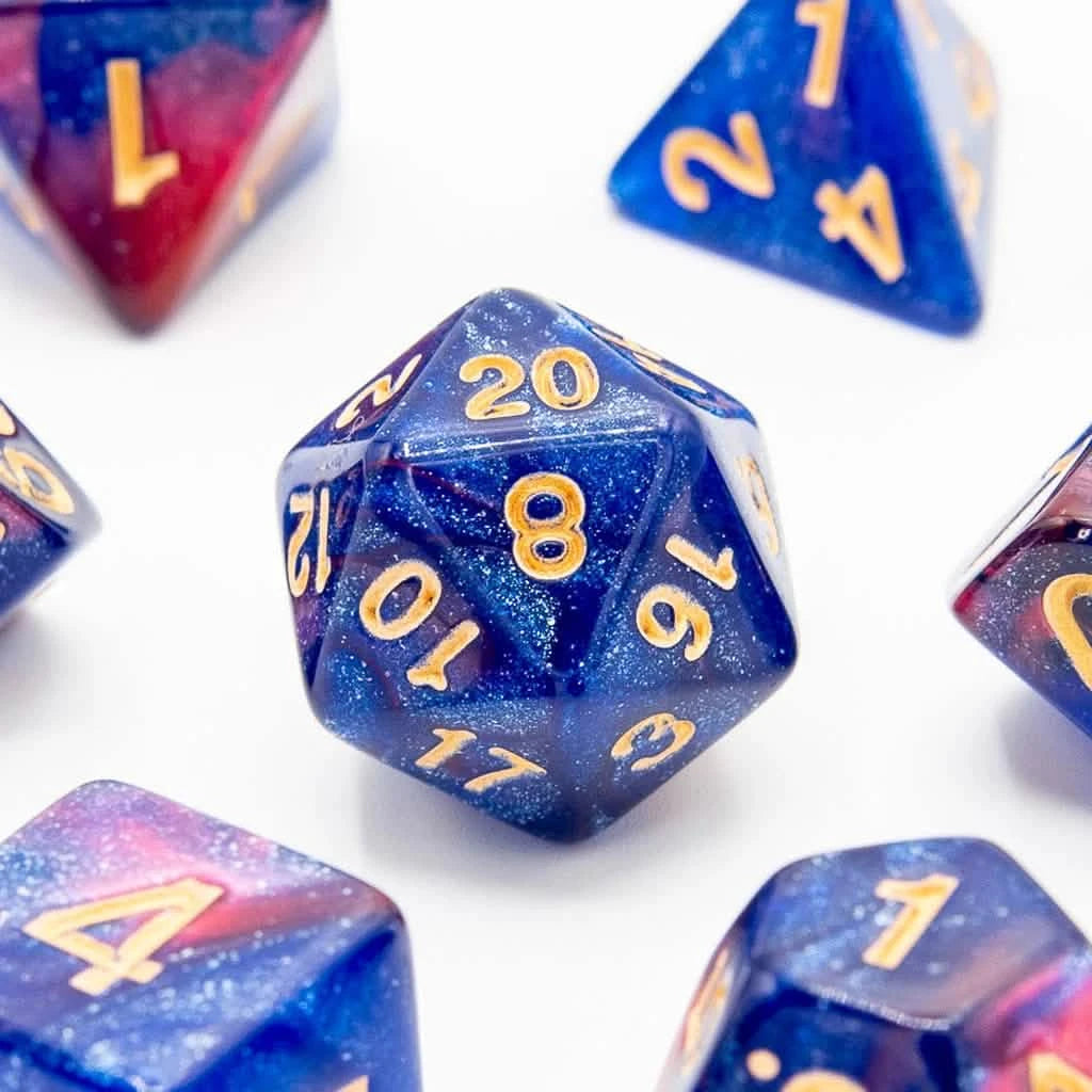 Berry Cosmos – close-up view – acrylic DnD dice set