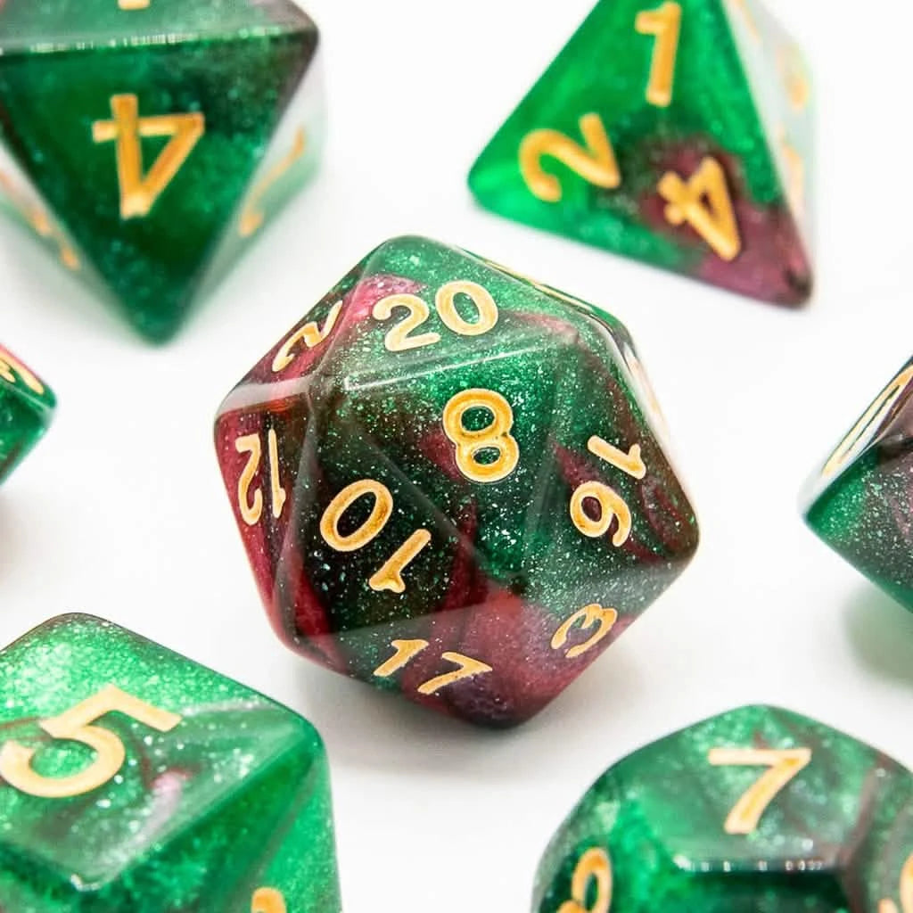 Red Apple Forest – close-up view – acrylic DnD dice set