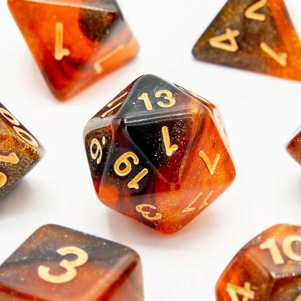 Golden Licorice – close-up view – acrylic DnD dice set