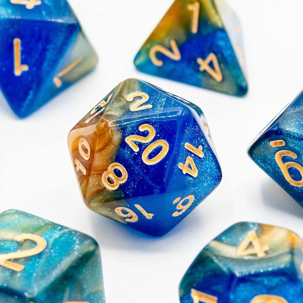 Blueberry Mango Spark – close-up view – acrylic DnD dice set