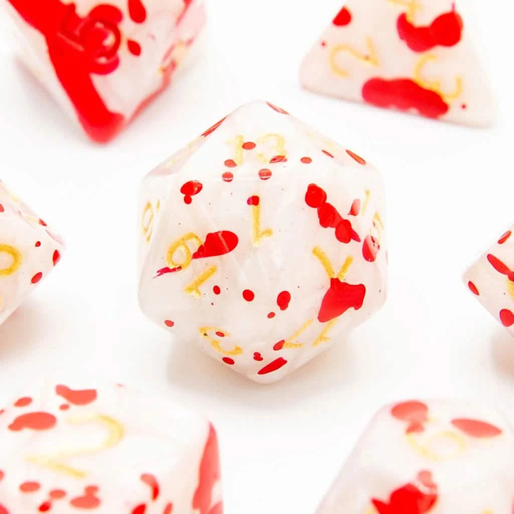 Bloodstained Ivory – close-up view – acrylic DnD dice set