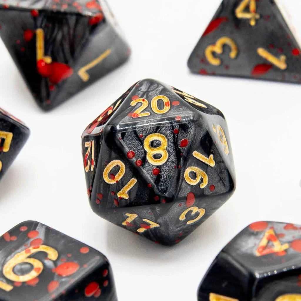 Bloodstained Relic – close-up view – acrylic DnD dice set