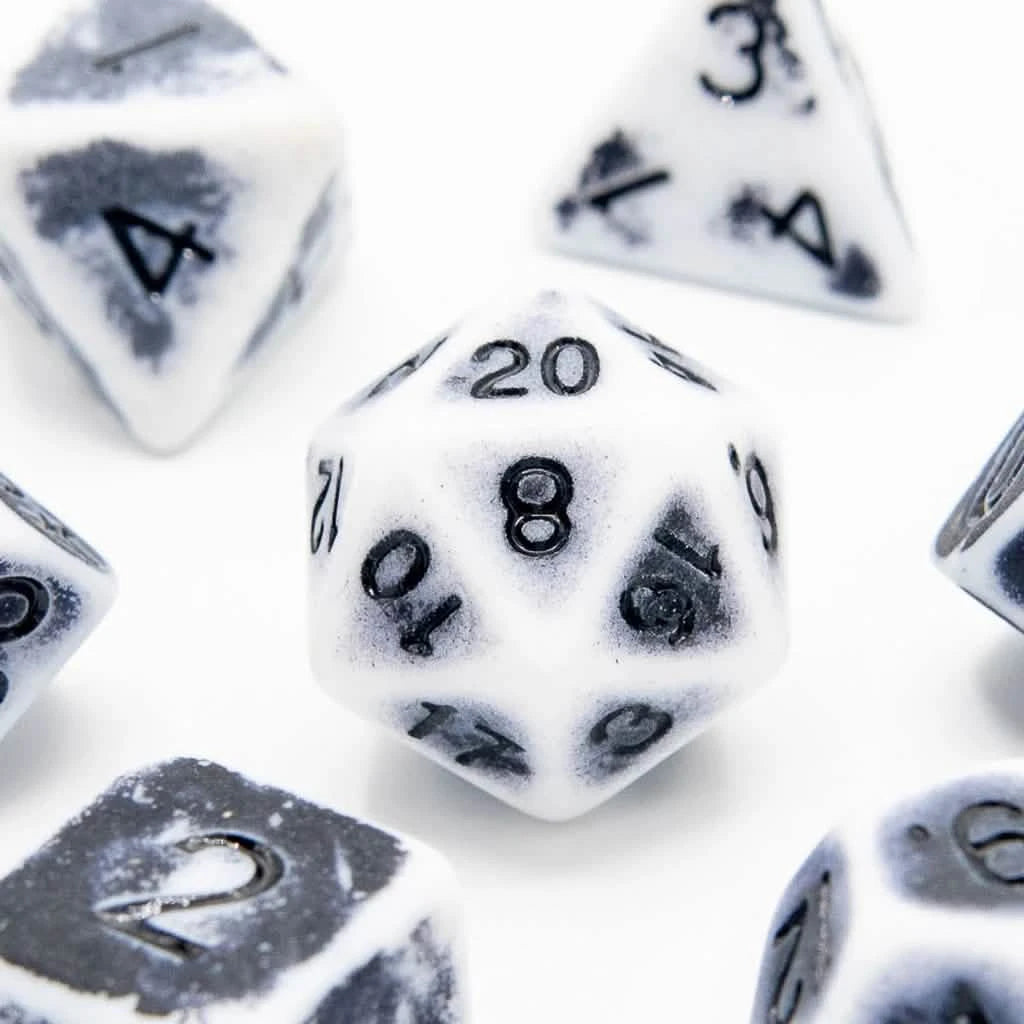 Faded Glory Grey - Acrylic DND Dice Set - 7 Piece Polyhedral – close-up view – acrylic DnD dice set