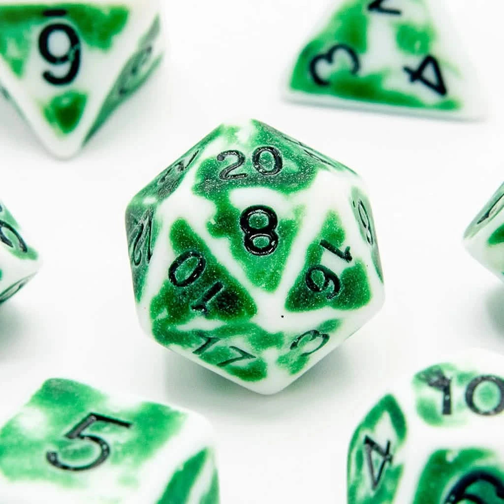 Faded Glory Green - Acrylic DND Dice Set - 7 Piece Polyhedral – close-up view – acrylic DnD dice set