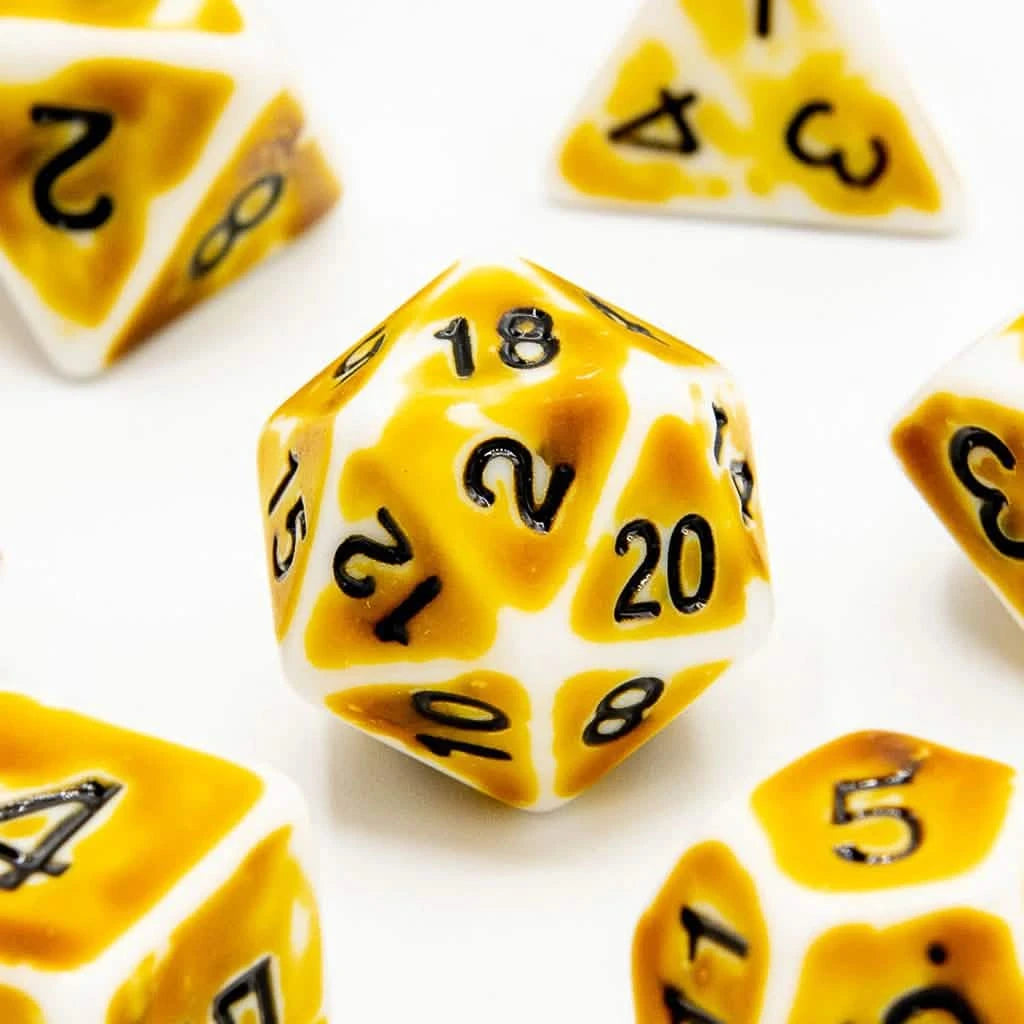 Faded Glory Yellow – close-up view – acrylic DnD dice set
