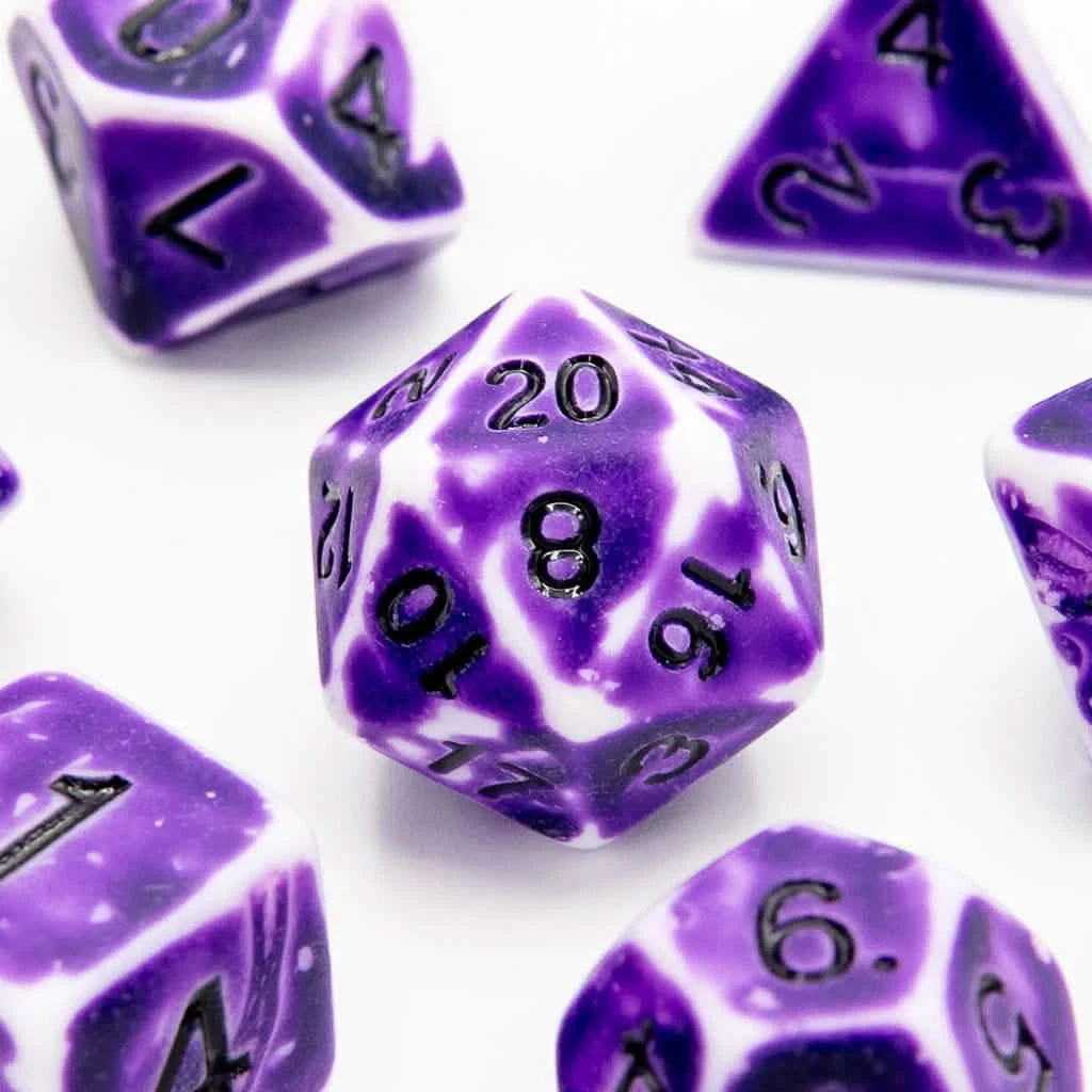 Faded Glory Purple – close-up view – acrylic DnD dice set