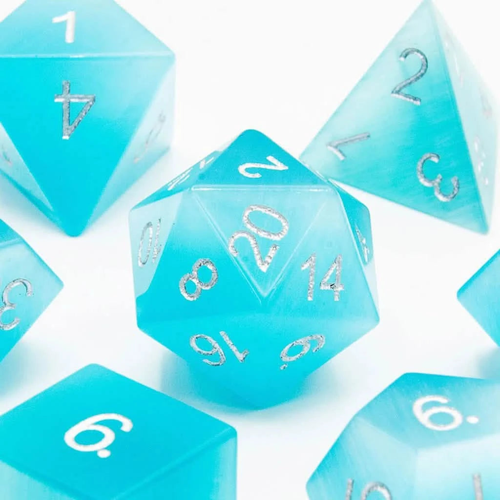 Pale Blue Cats Eye – close-up view – DnD dice set