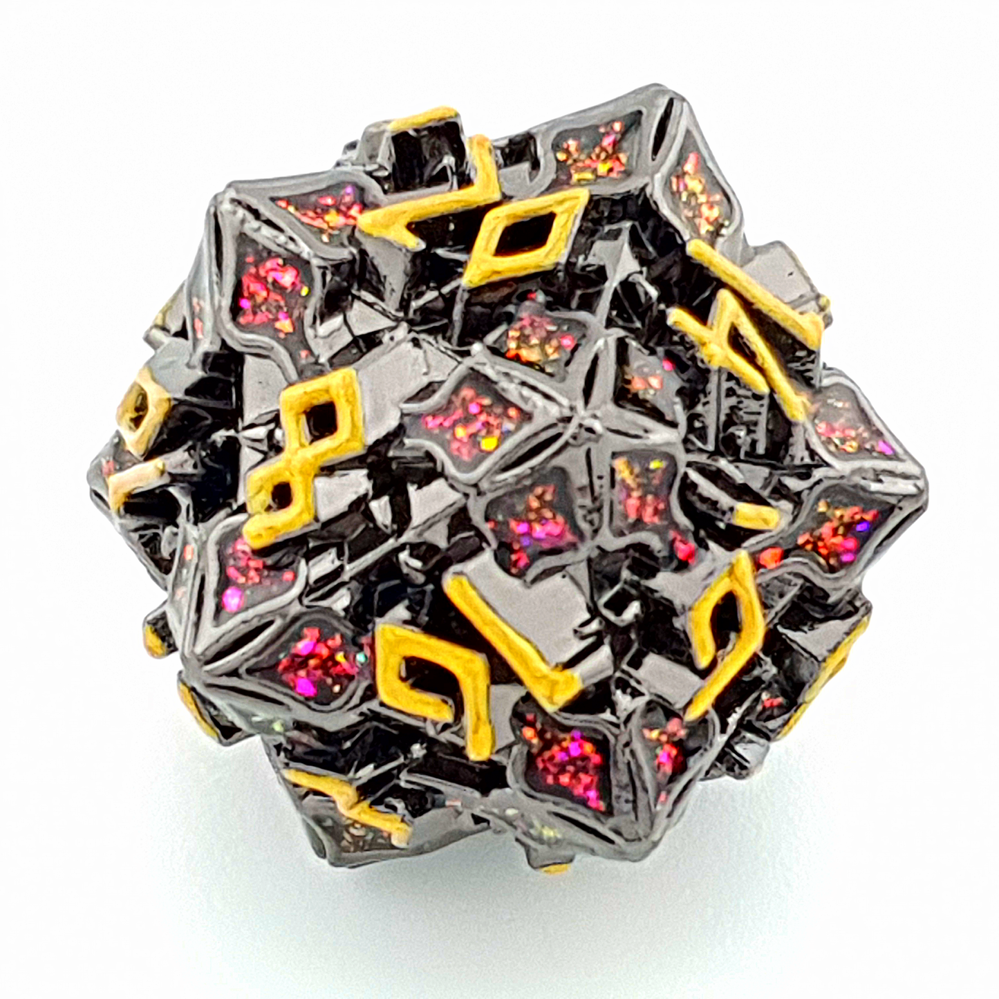 Crimson Thorn – close-up view – metal DnD dice set