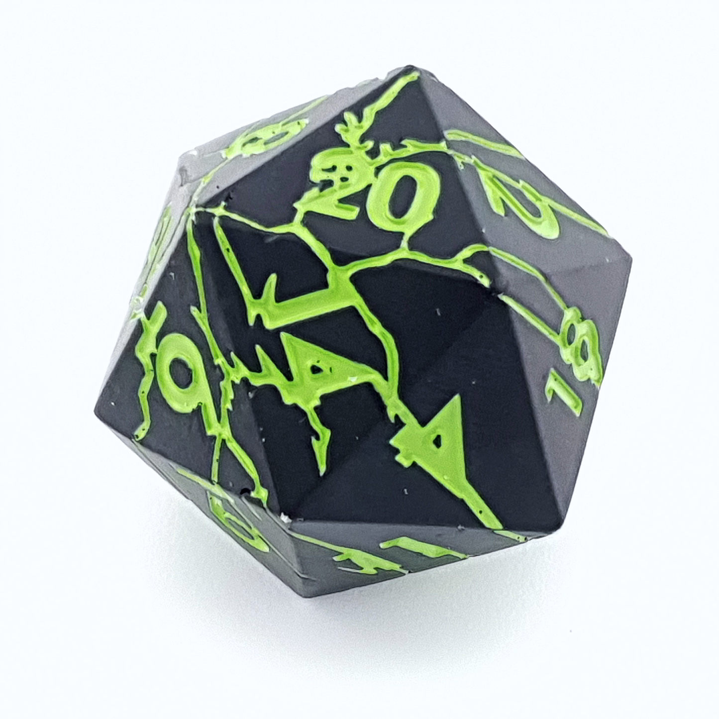 Shadowroot – close-up view – metal DnD dice set