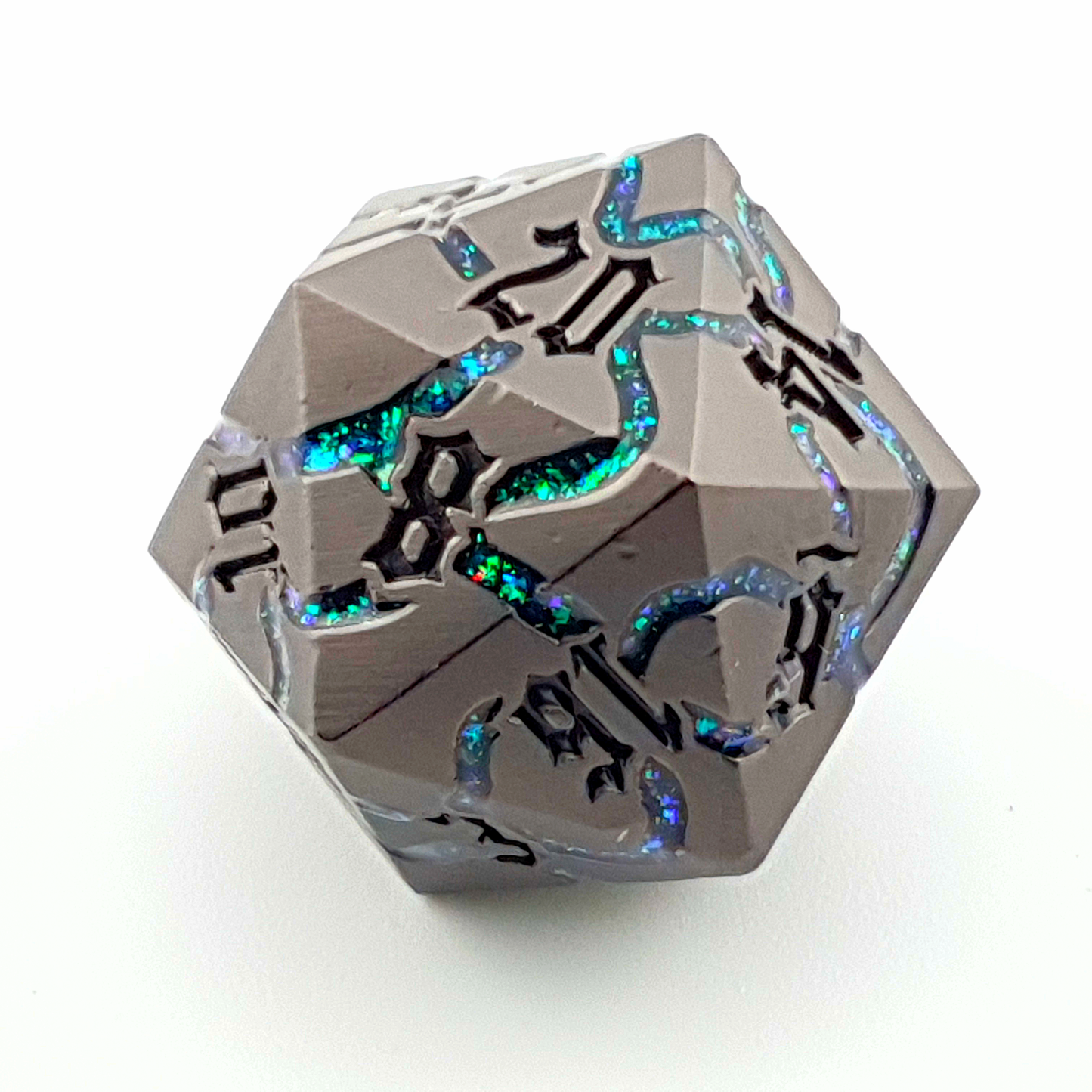 Verdant Ruin – close-up view – metal DnD dice set